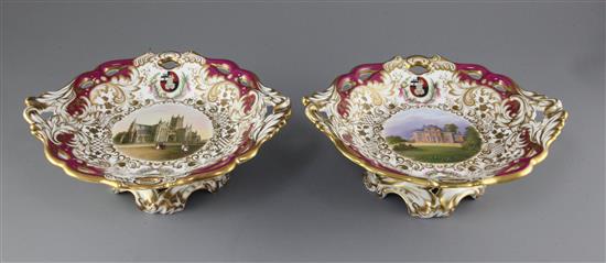 A rare pair of George Grainger & Co. Worcester topographical low footed dessert dishes, c.1846, width 27cm